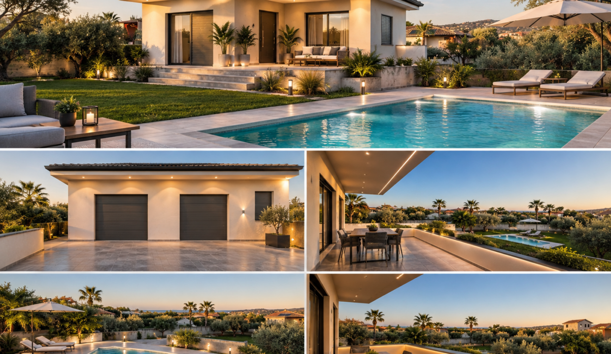 Villa mediterranea moderna con piscina al tramonto